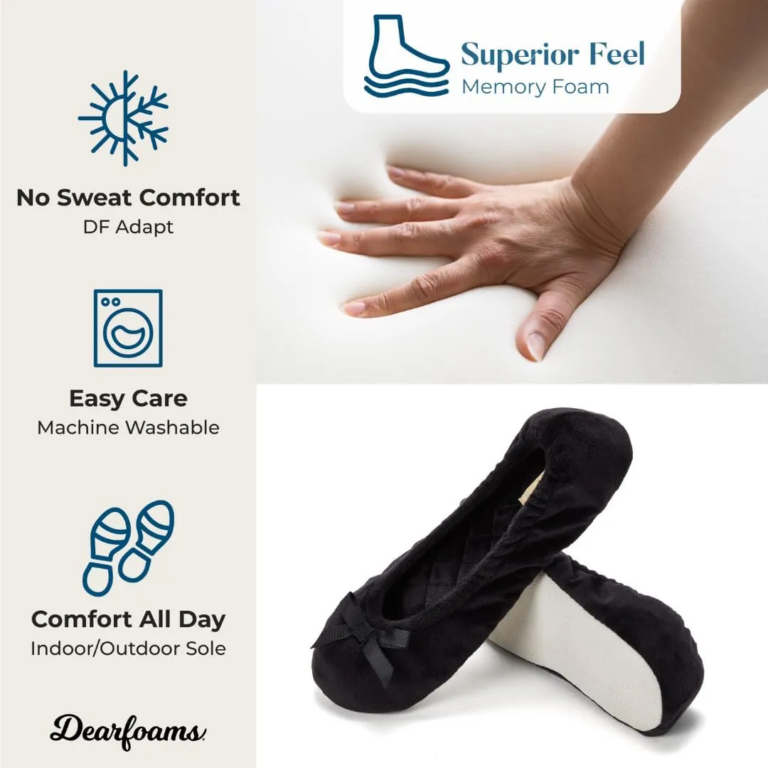 Dearfoams Women's Layla Ballerina Slipper with Memory Foam, Soft Tie Bow and Suede Sole