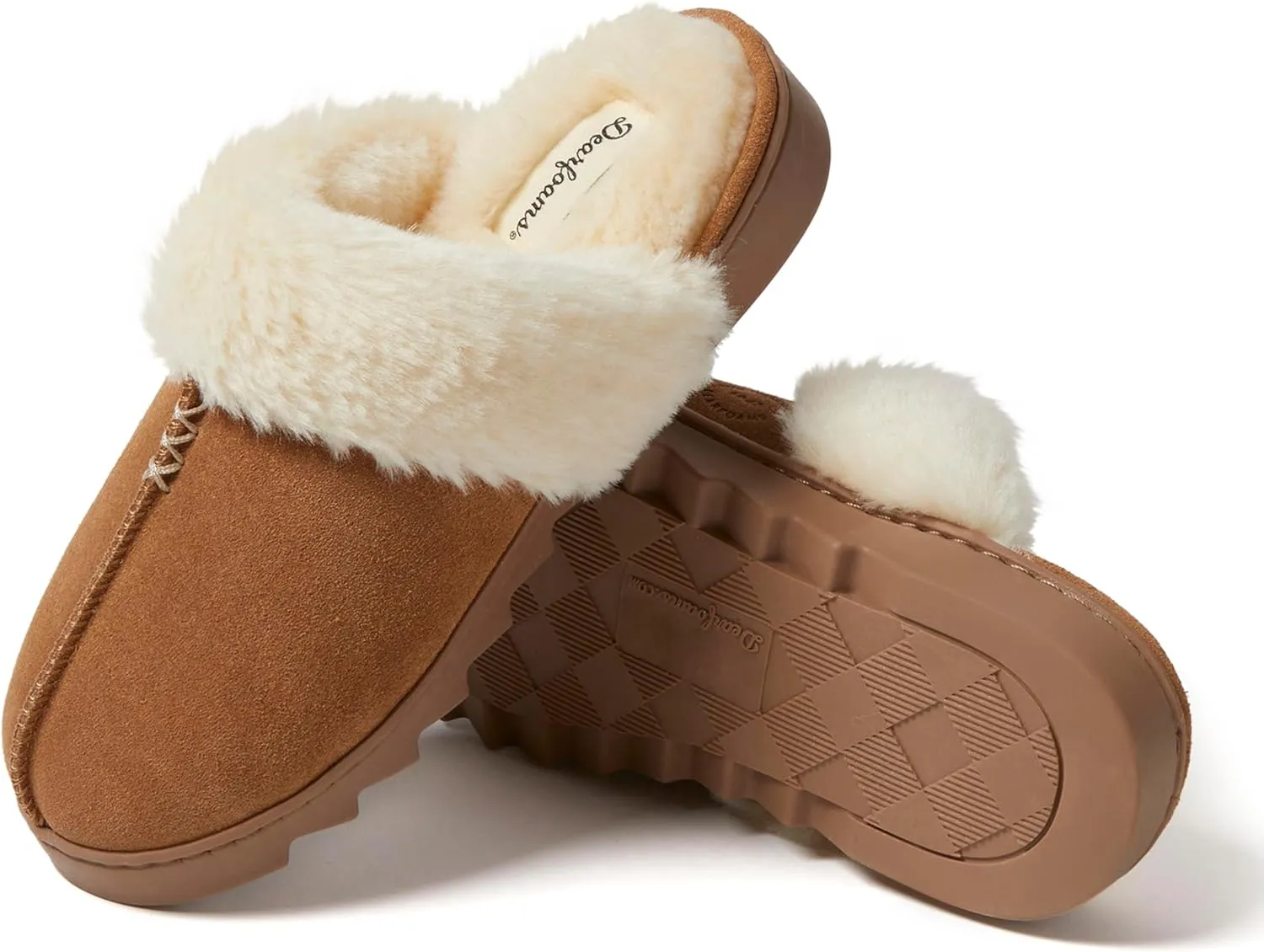 Dearfoams Women's Suede Fuzzy Soft Memory Foam Indoor Outdoor Helena Scuff Slipper