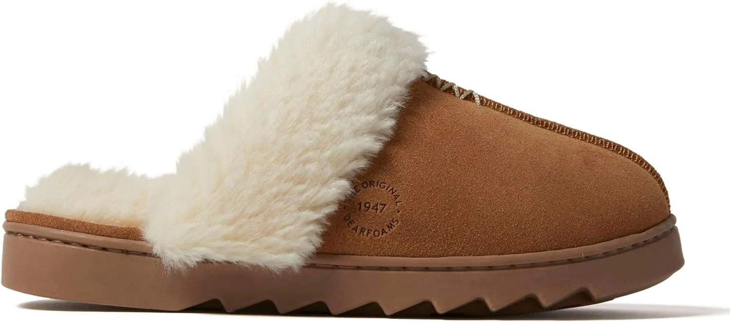 Dearfoams Women's Suede Fuzzy Soft Memory Foam Indoor Outdoor Helena Scuff Slipper