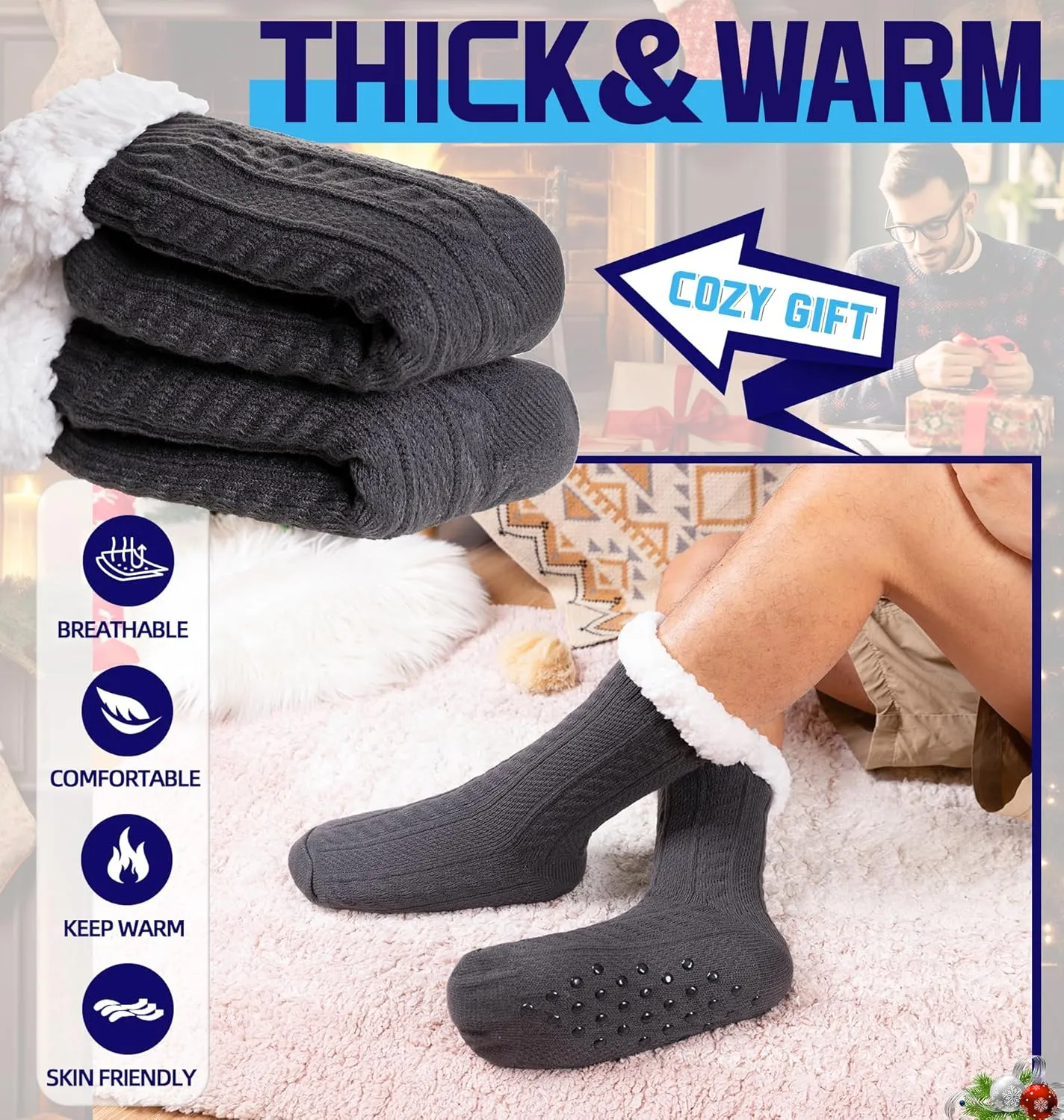 DoSmart Mens Fuzzy Slipper Socks Fleece Cozy Winter Warm Non Slip Socks Soft Fluffy Indoor Christmas Grips Socks