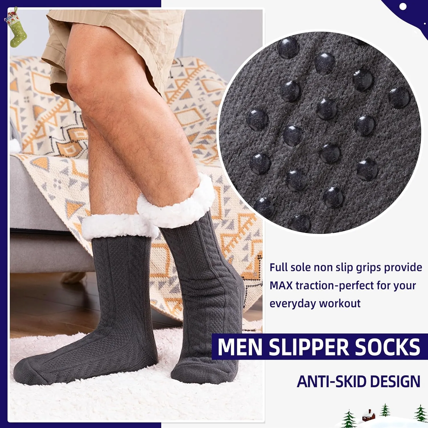 DoSmart Mens Fuzzy Slipper Socks Fleece Cozy Winter Warm Non Slip Socks Soft Fluffy Indoor Christmas Grips Socks