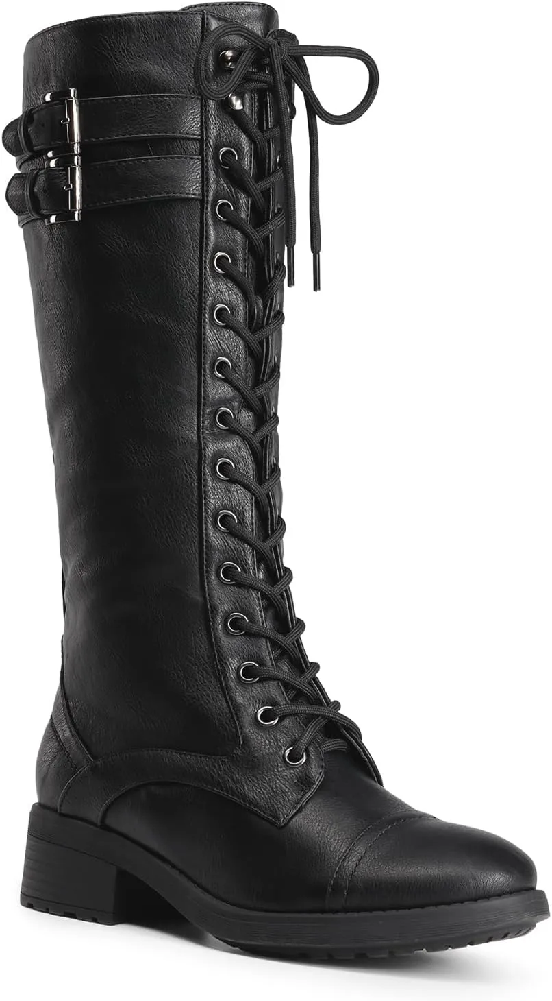 DREAM PAIRS Women's Pu Knee High Riding Combat Boots