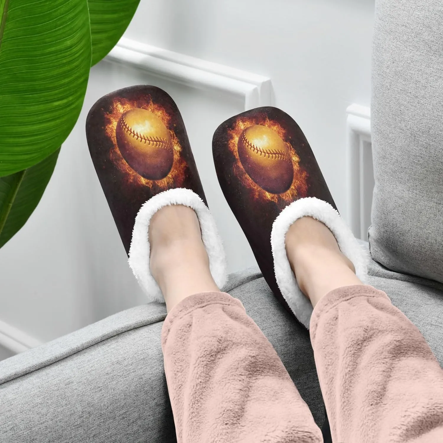 Dussdil Flying Flames Baseball Home Winter Slippers Spa Travel House Slipper Soft Memory Foam Slipper Non Slip for Women Men Hotel Bedroom Shoes Slippers M