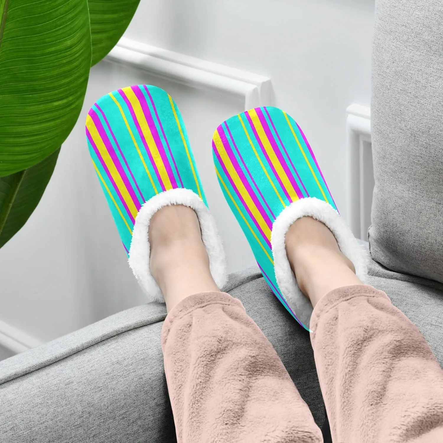 Dussdil Rose Red Neon Blue Yellow Straight Line Home Winter Slippers Spa Travel House Slipper Soft Memory Foam Slipper Non Slip for Women Men Hotel Bedroom Shoes Slippers M