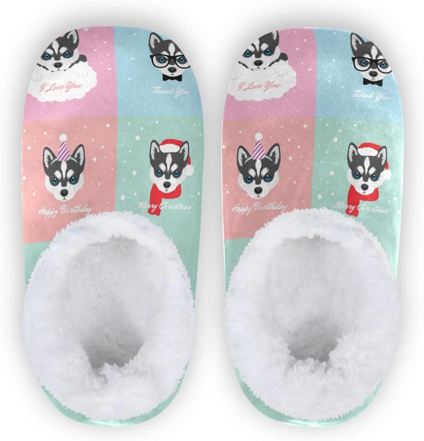 Dussdil Siberian Husky Puppy Home Winter Slippers Stars Hearts Spa Travel House Slipper Soft Memory Foam Slipper Non Slip for Women Men Hotel Bedroom Shoes Slippers M