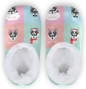 Dussdil Siberian Husky Puppy Home Winter Slippers Stars Hearts Spa Travel House Slipper Soft Memory Foam Slipper Non Slip for Women Men Hotel Bedroom Shoes Slippers M