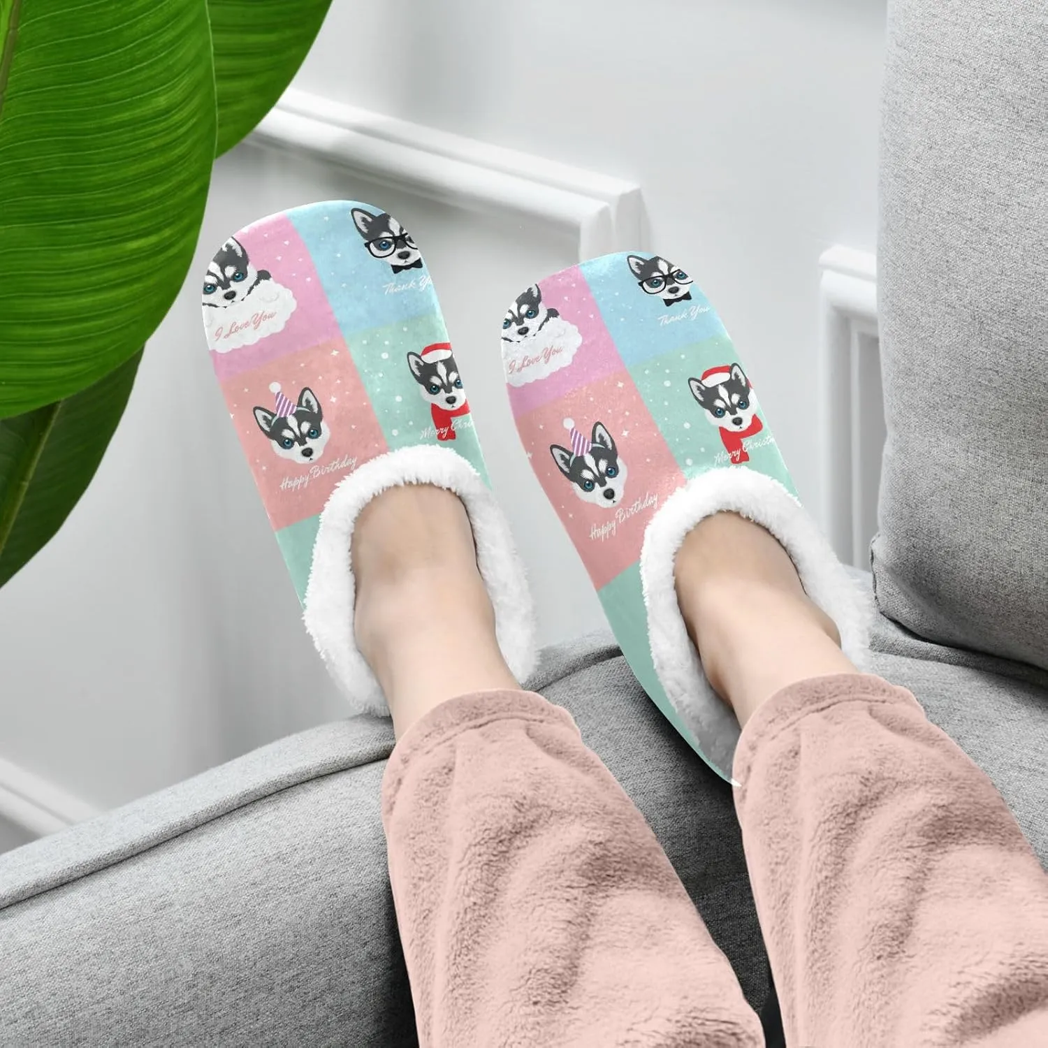 Dussdil Siberian Husky Puppy Home Winter Slippers Stars Hearts Spa Travel House Slipper Soft Memory Foam Slipper Non Slip for Women Men Hotel Bedroom Shoes Slippers M