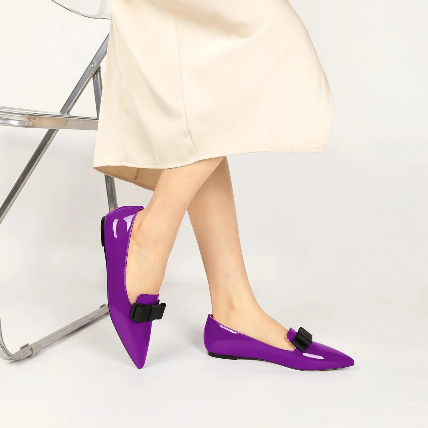Eldof Women's Loafer Flat Pointed Toe Bow Tie Ballet Slip on Comfortable Dress Work Shoes