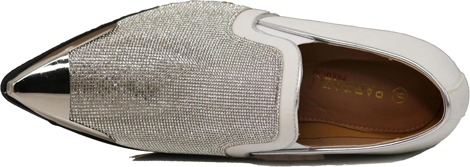 Enzo Romeo Crisiano Men Rhinestone Chrome Toe Suede Pointy Dress Loafer Slip On Shoes