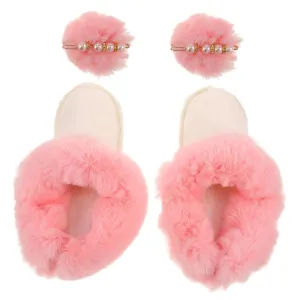 Faux Fur Winter Shoe Liners Insoles for Slippers & Shoes Removable and Washable Pink with 2 Pompoms Size 40 41 Ideal for Indoor & Outdoor Use/1939