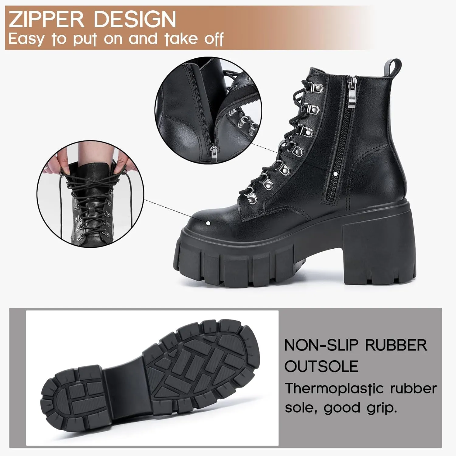 FITORY Women’s Combat Boots Lightweight Lace up Side Zipper Ankle Botas High Heel Chunky Platform Lug Sole Booties Size 6-11
