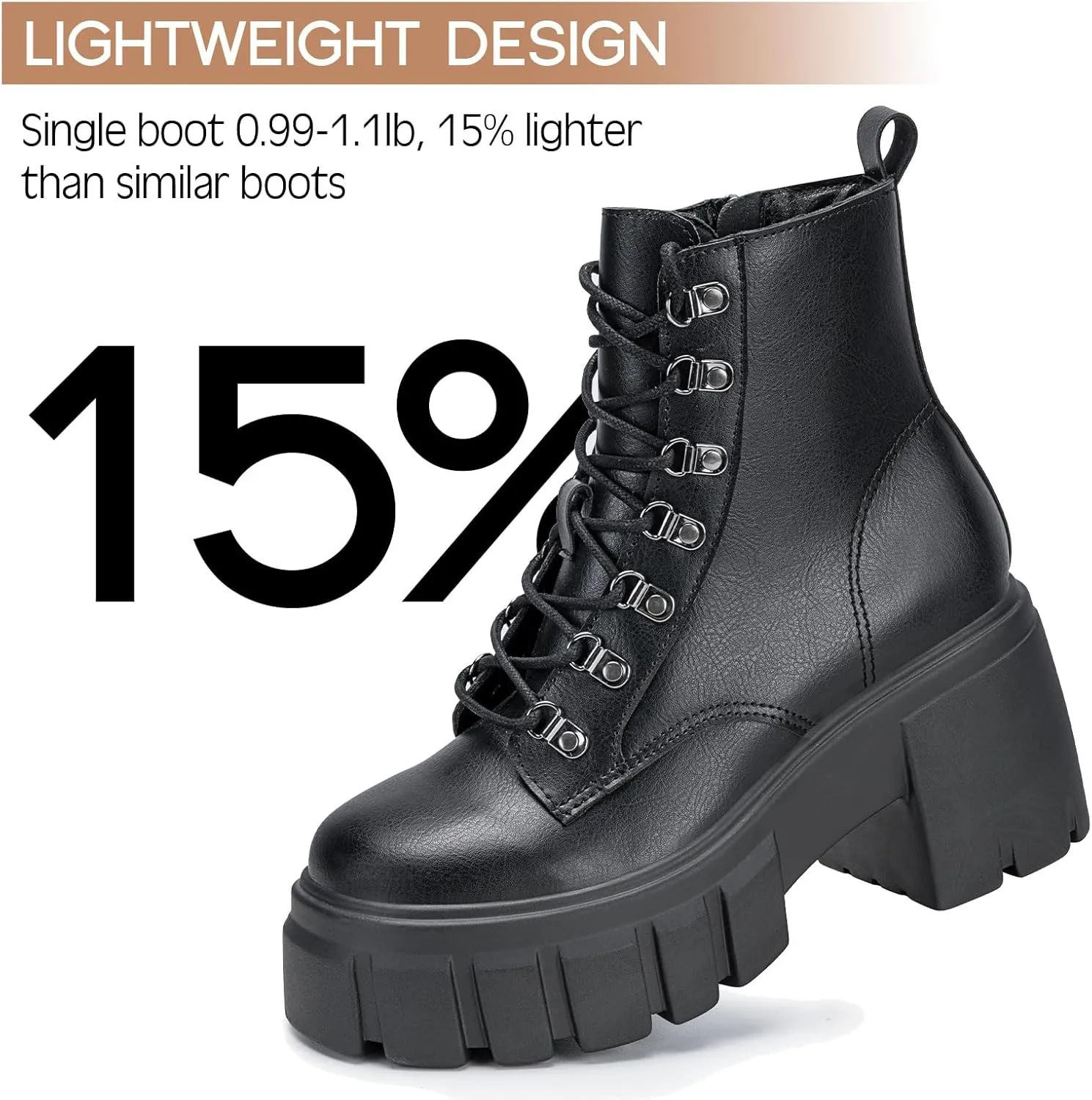 FITORY Women’s Combat Boots Lightweight Lace up Side Zipper Ankle Botas High Heel Chunky Platform Lug Sole Booties Size 6-11