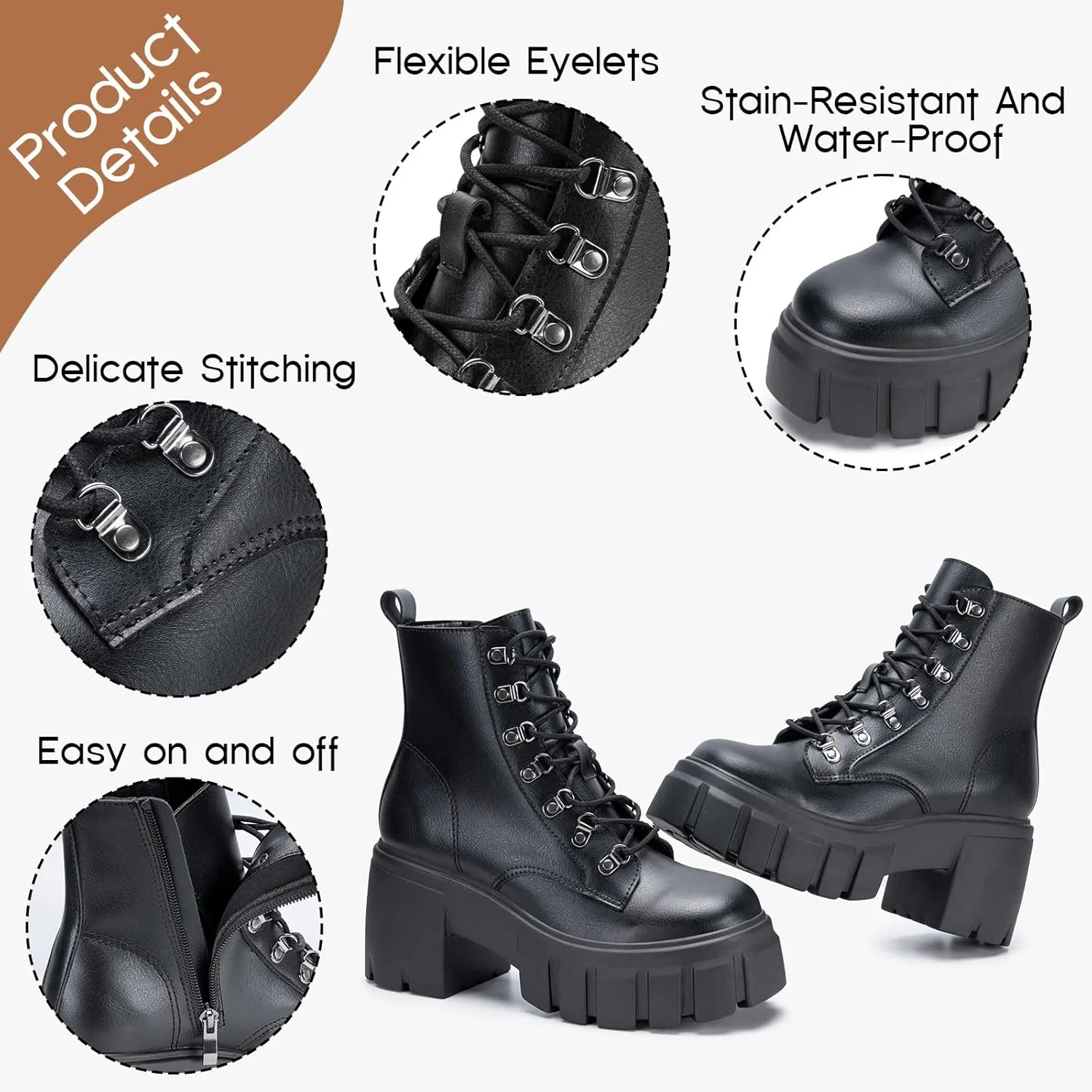 FITORY Women’s Combat Boots Lightweight Lace up Side Zipper Ankle Botas High Heel Chunky Platform Lug Sole Booties Size 6-11