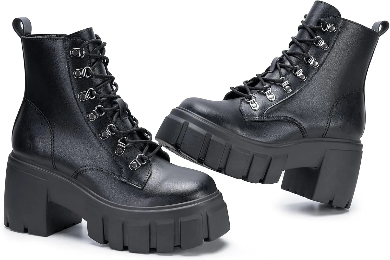 FITORY Women’s Combat Boots Lightweight Lace up Side Zipper Ankle Botas High Heel Chunky Platform Lug Sole Booties Size 6-11