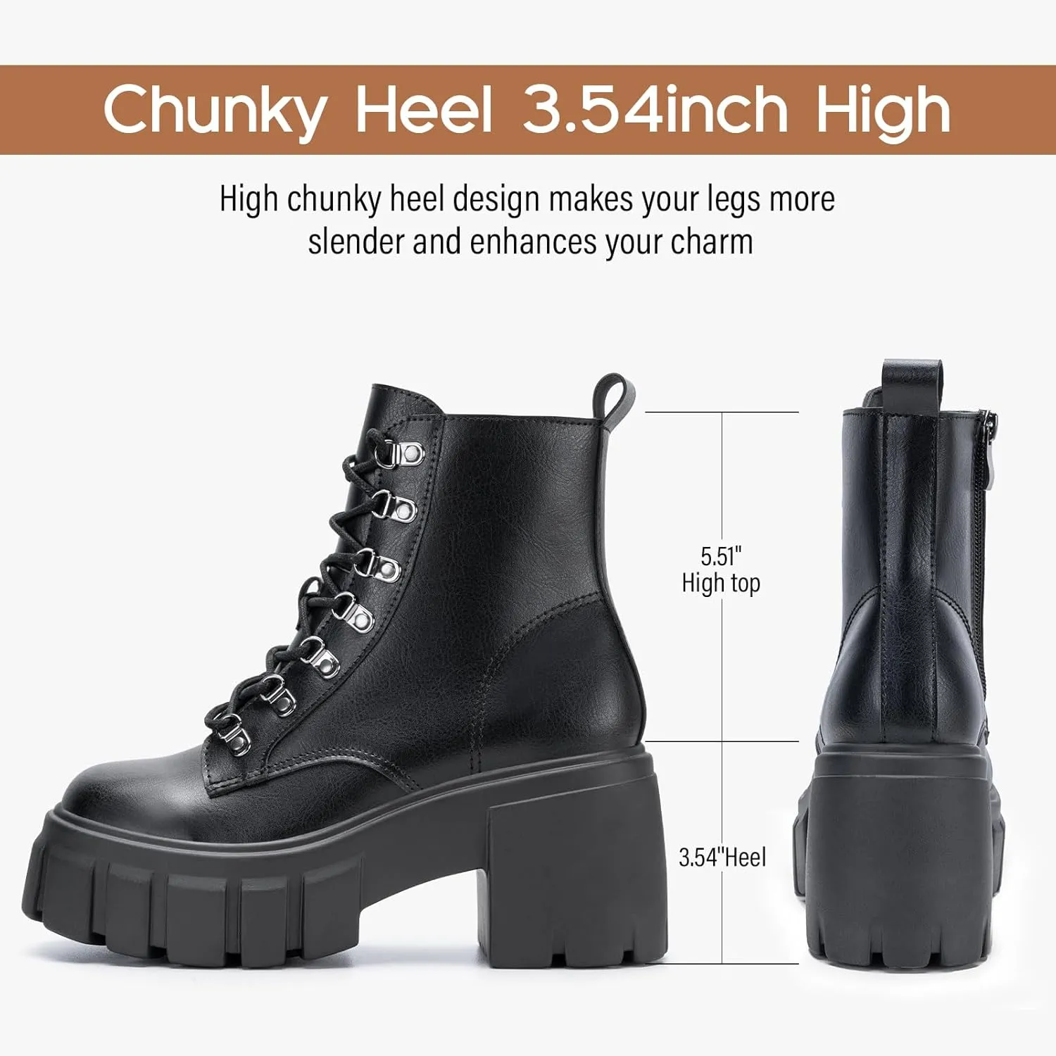 FITORY Women’s Combat Boots Lightweight Lace up Side Zipper Ankle Botas High Heel Chunky Platform Lug Sole Booties Size 6-11