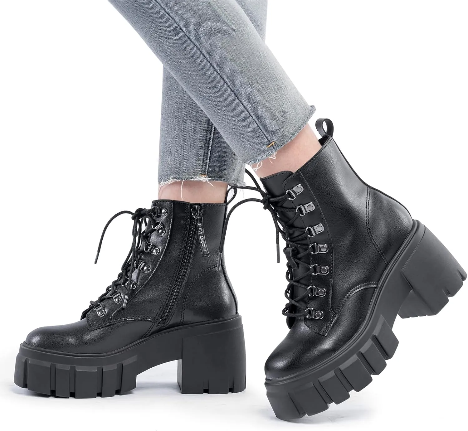 FITORY Women’s Combat Boots Lightweight Lace up Side Zipper Ankle Botas High Heel Chunky Platform Lug Sole Booties Size 6-11