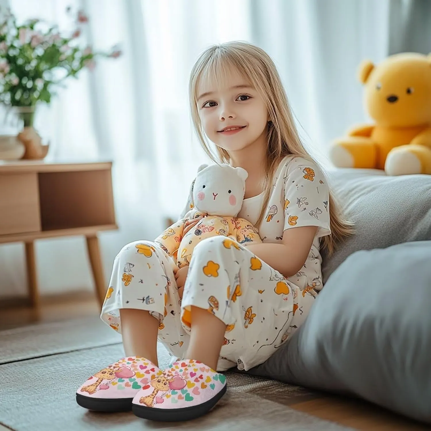 Flannel Slippers for Kids, Closed Toe Fluffy Slippers for Winter, Comfy Soft Home Slippers for Walking