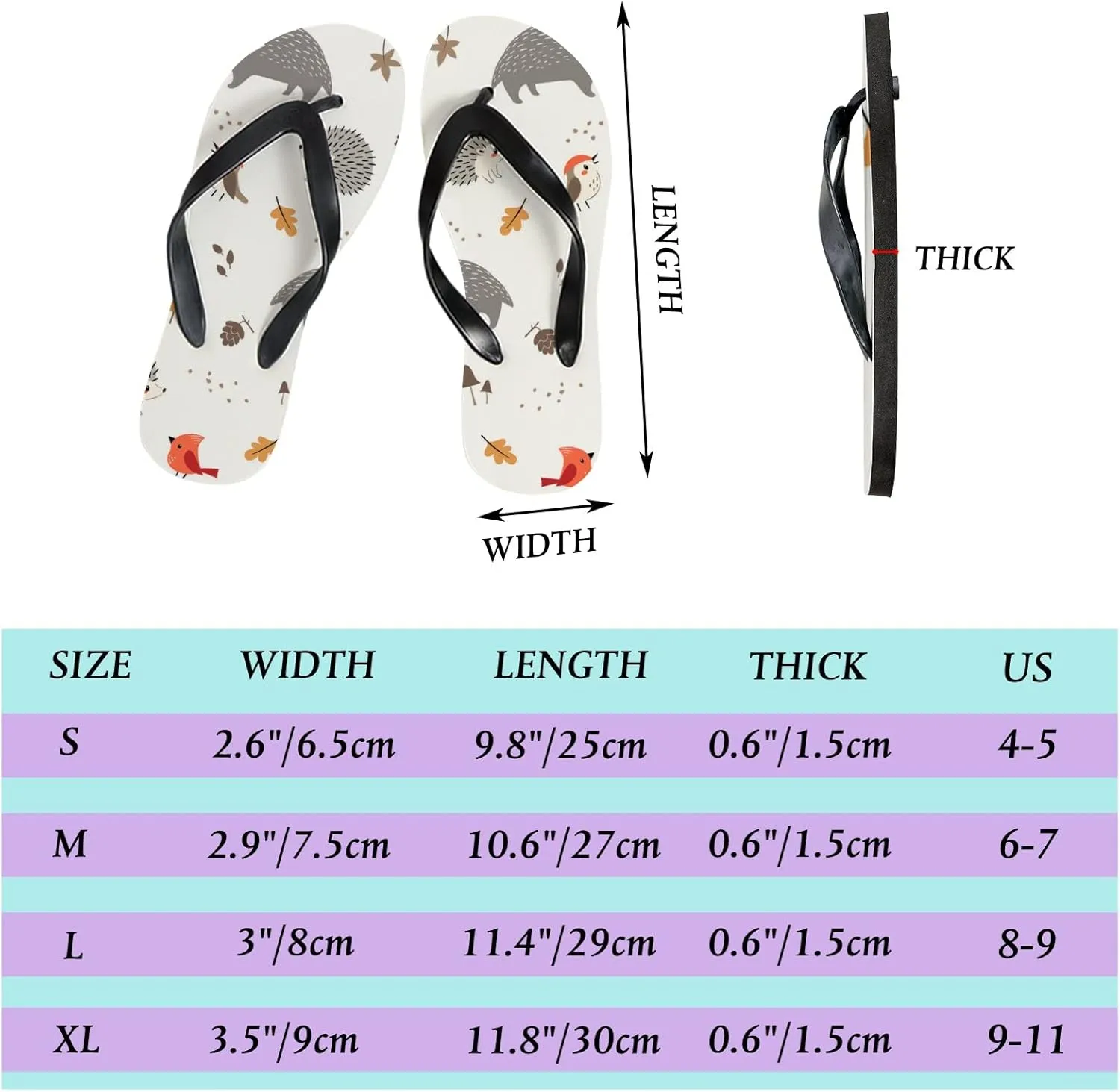 Flip Flops for Women Girls Woodland Animals and Birds Summer Casual Thong Slippers Slide Flat Sandals for Beach