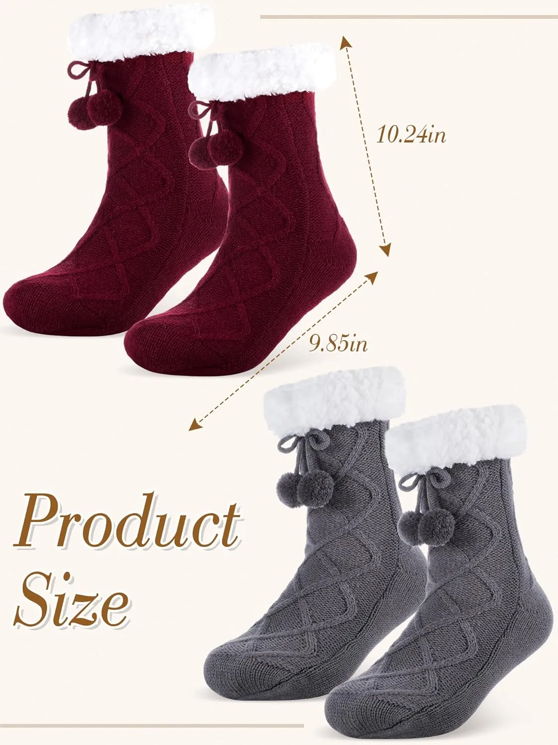Foaincore 2 Pcs Slipper Socks for Women Sherpa Fuzzy Socks Non Slip Winter Warm Soft Home Fleece-lined Gripper Socks