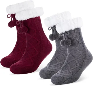 Foaincore 2 Pcs Slipper Socks for Women Sherpa Fuzzy Socks Non Slip Winter Warm Soft Home Fleece-lined Gripper Socks