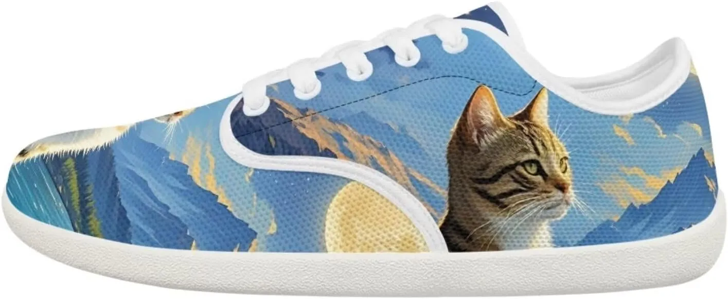 Forchrinse Blue Galaxy Cat Print Women’s Barefoot Shoes Wide Toe Barefoot Cross Trainer Zero Drop Lace Up Walking Running Trail Sneakers