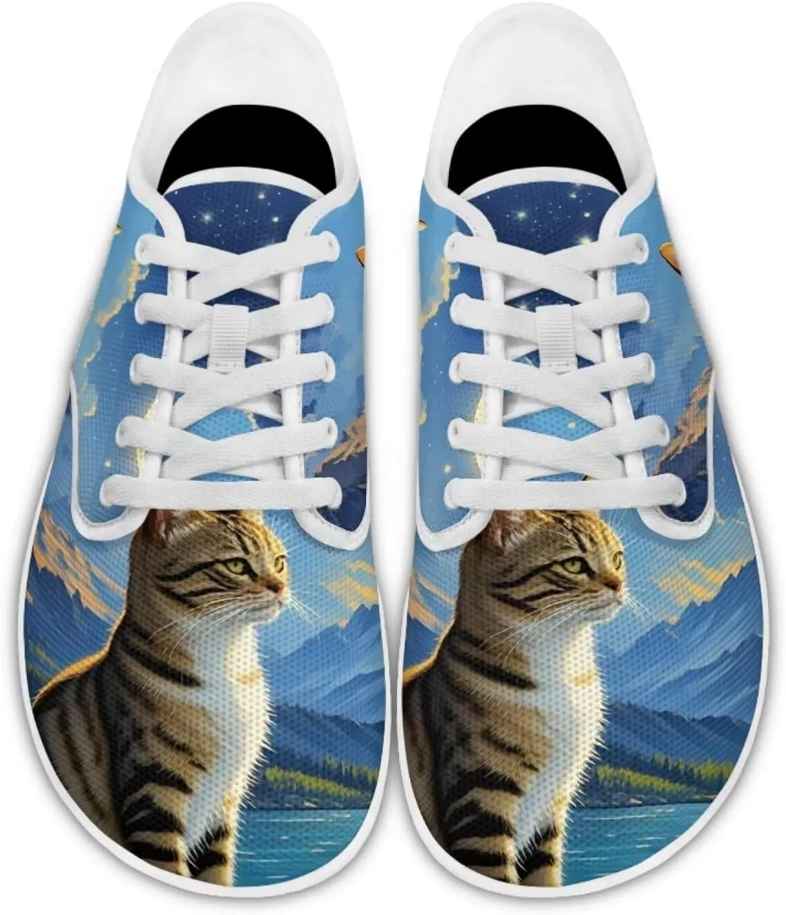 Forchrinse Blue Galaxy Cat Print Women’s Barefoot Shoes Wide Toe Barefoot Cross Trainer Zero Drop Lace Up Walking Running Trail Sneakers