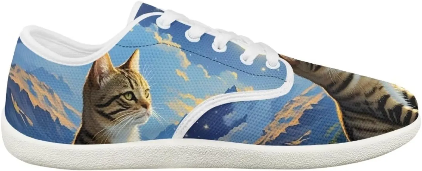 Forchrinse Blue Galaxy Cat Print Women’s Barefoot Shoes Wide Toe Barefoot Cross Trainer Zero Drop Lace Up Walking Running Trail Sneakers