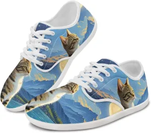 Forchrinse Blue Galaxy Cat Print Women’s Barefoot Shoes Wide Toe Barefoot Cross Trainer Zero Drop Lace Up Walking Running Trail Sneakers