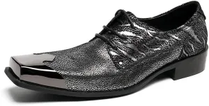 Formal Loafer Dress Oxford for Men Metal Square Toe Lace Up Block Heel Slip On for Meeting Genuine Leather
