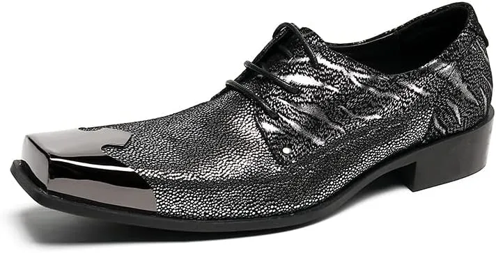 Formal Loafer Dress Oxford for Men Metal Square Toe Lace Up Block Heel Slip On for Meeting Genuine Leather