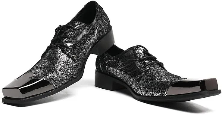 Formal Loafer Dress Oxford for Men Metal Square Toe Lace Up Block Heel Slip On for Meeting Genuine Leather