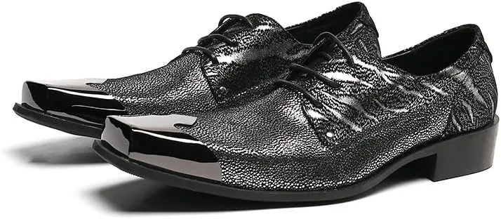 Formal Loafer Dress Oxford for Men Metal Square Toe Lace Up Block Heel Slip On for Meeting Genuine Leather