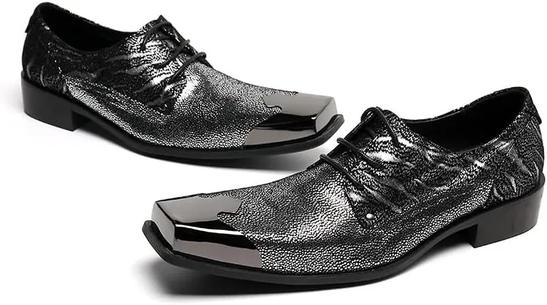 Formal Loafer Dress Oxford for Men Metal Square Toe Lace Up Block Heel Slip On for Meeting Genuine Leather