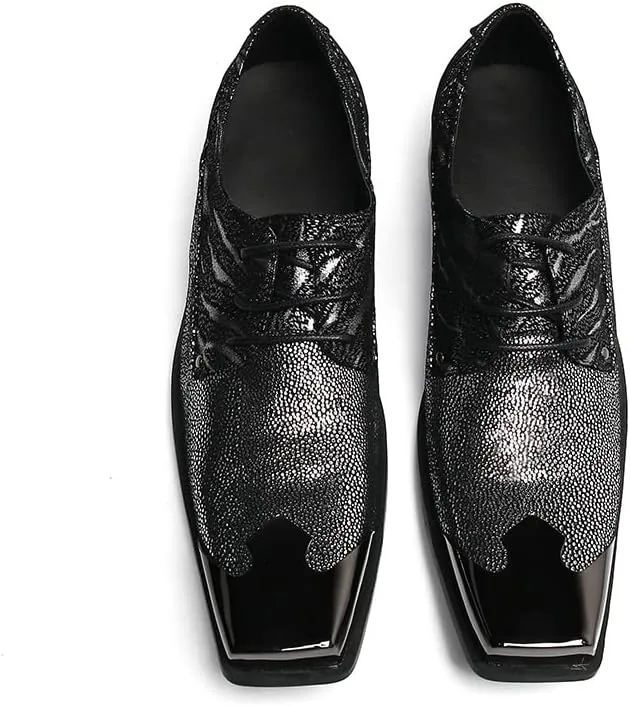 Formal Loafer Dress Oxford for Men Metal Square Toe Lace Up Block Heel Slip On for Meeting Genuine Leather