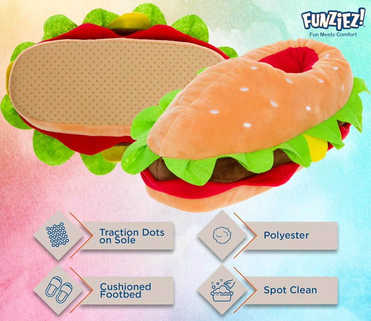 Funziez! Hamburger Slippers - Plush Cheeseburger Slippers Novelty House Shoe