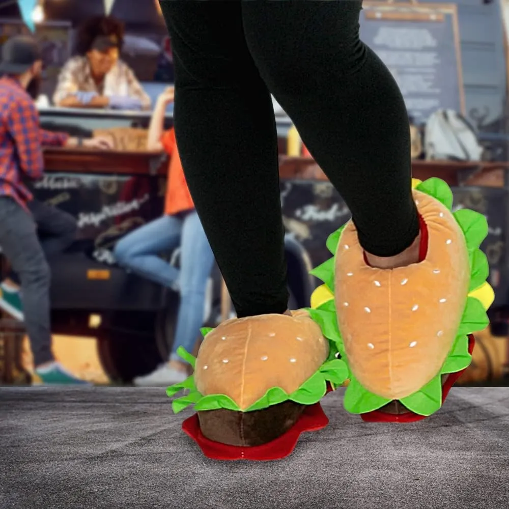 Funziez! Hamburger Slippers - Plush Cheeseburger Slippers Novelty House Shoe