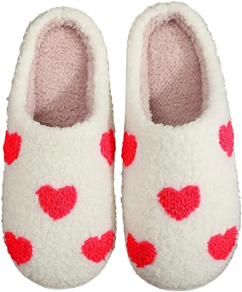 Fuzzy House Slippers for Unisex Cute Mini Hearts Pattern Slip-on Plush Non-slip Slippers Valentine's Day Gifts
