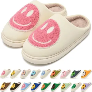 Giom 【New】 Soft Pu Leather Smiling Face Slippers for Women and Men, Retro Happy Face Slippers Big Size, Cozy Warm House Slippers, Slip-On Family Bedroom Slides, Winter Indoor Outdoor Slippers