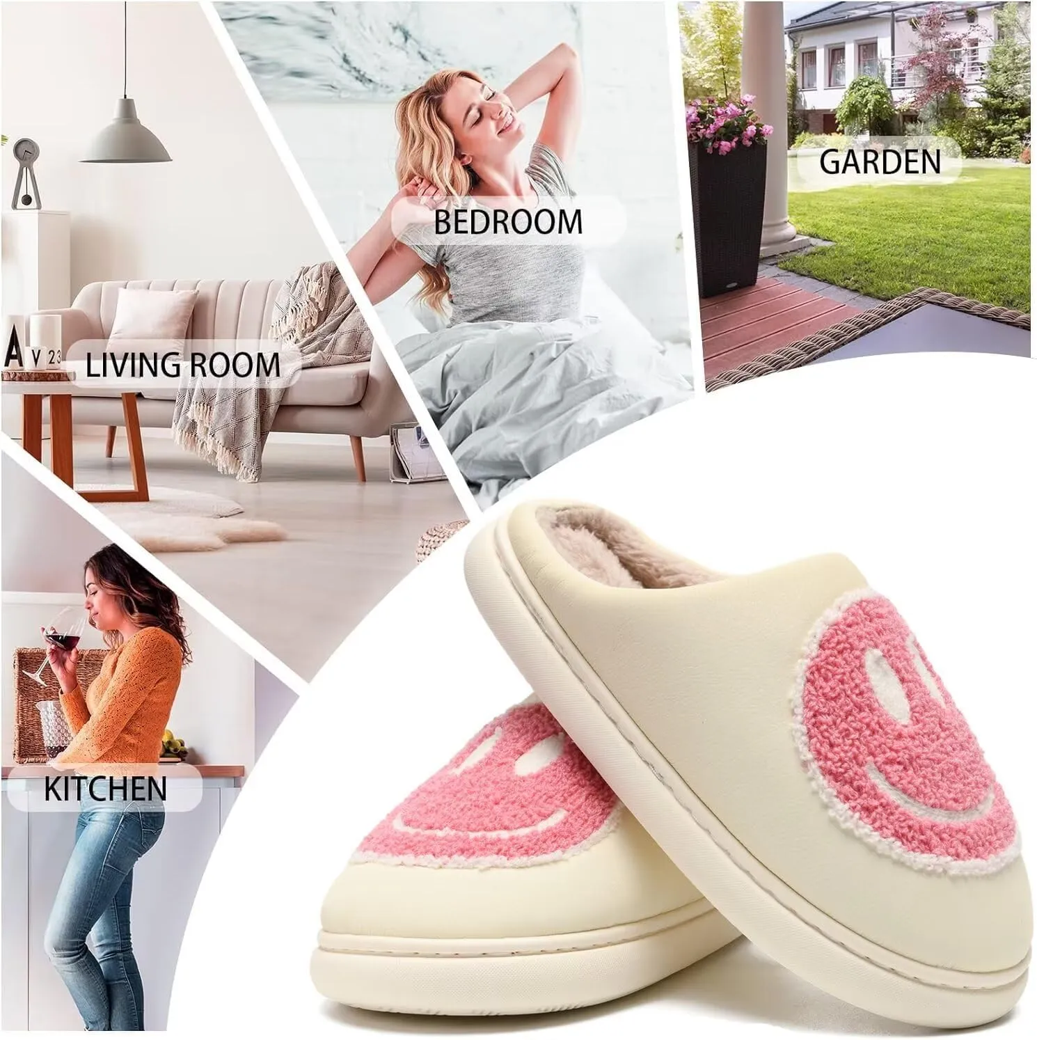 Giom 【New】 Soft Pu Leather Smiling Face Slippers for Women and Men, Retro Happy Face Slippers Big Size, Cozy Warm House Slippers, Slip-On Family Bedroom Slides, Winter Indoor Outdoor Slippers