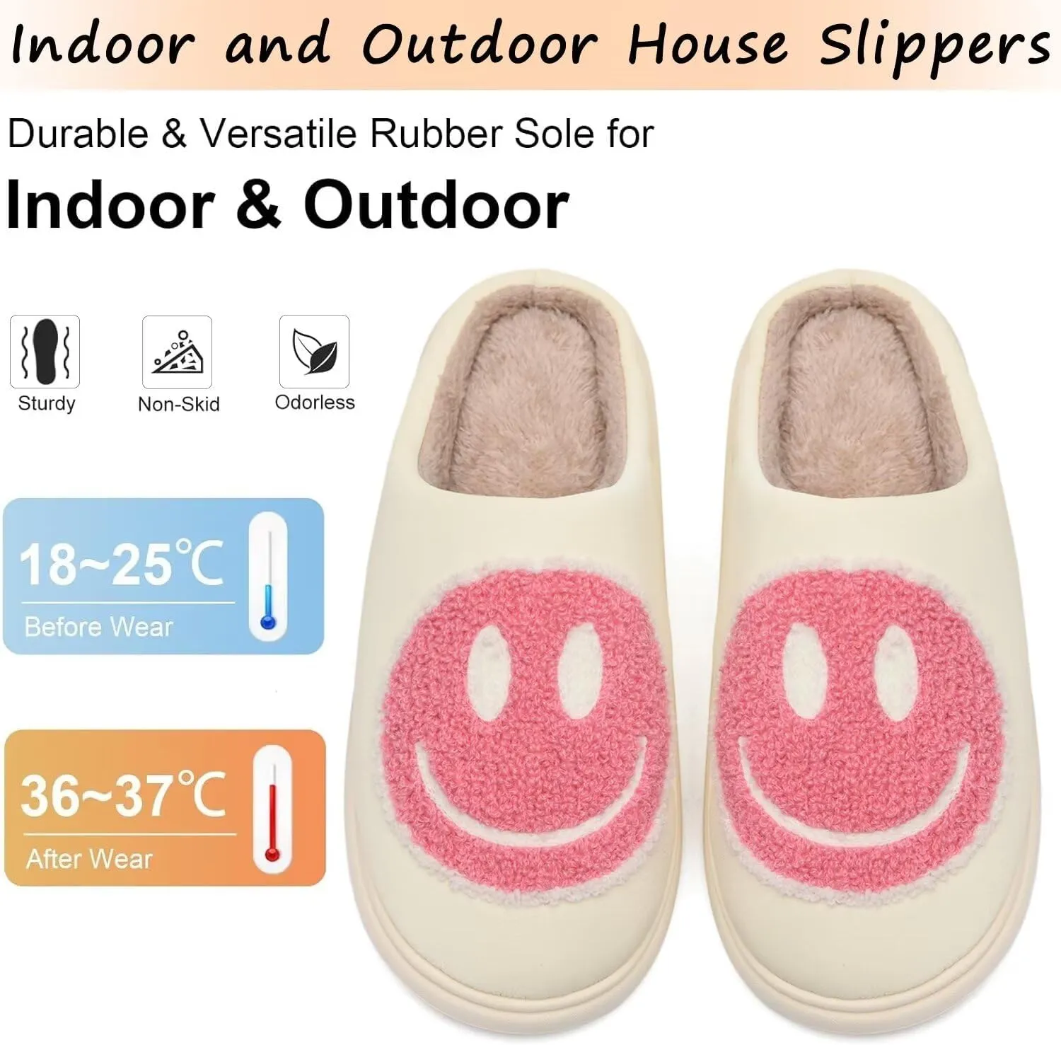 Giom 【New】 Soft Pu Leather Smiling Face Slippers for Women and Men, Retro Happy Face Slippers Big Size, Cozy Warm House Slippers, Slip-On Family Bedroom Slides, Winter Indoor Outdoor Slippers
