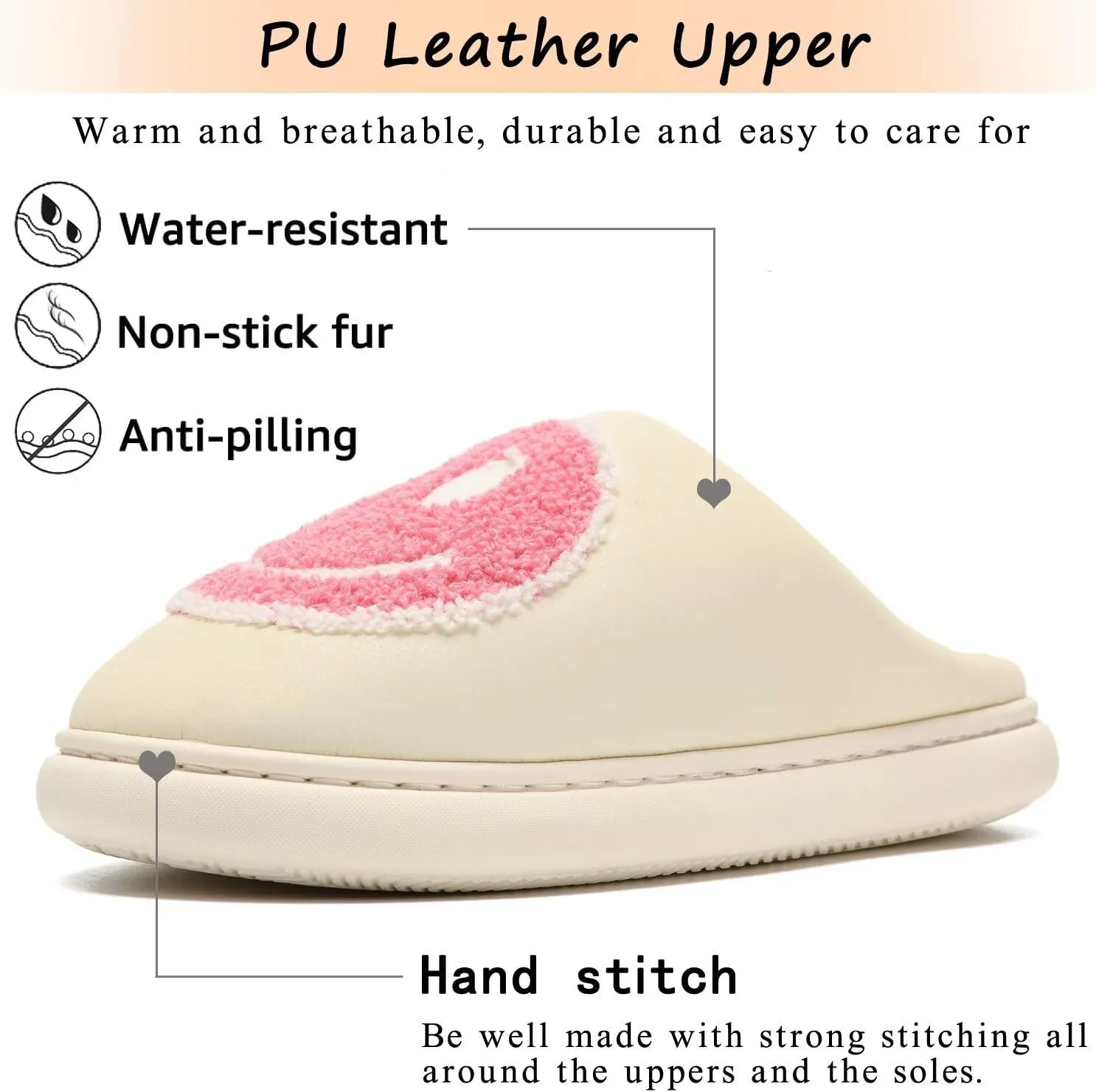 Giom 【New】 Soft Pu Leather Smiling Face Slippers for Women and Men, Retro Happy Face Slippers Big Size, Cozy Warm House Slippers, Slip-On Family Bedroom Slides, Winter Indoor Outdoor Slippers