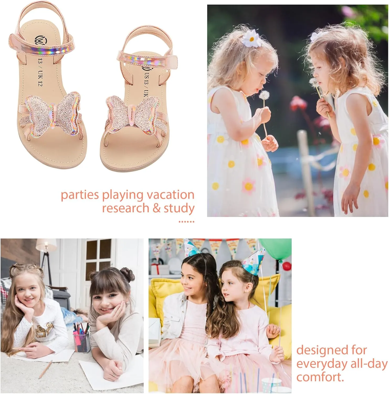 Girls Sandals Open Toe Flat Sandals for Girls Shiny Princess Sandals Wedding Party Shoes