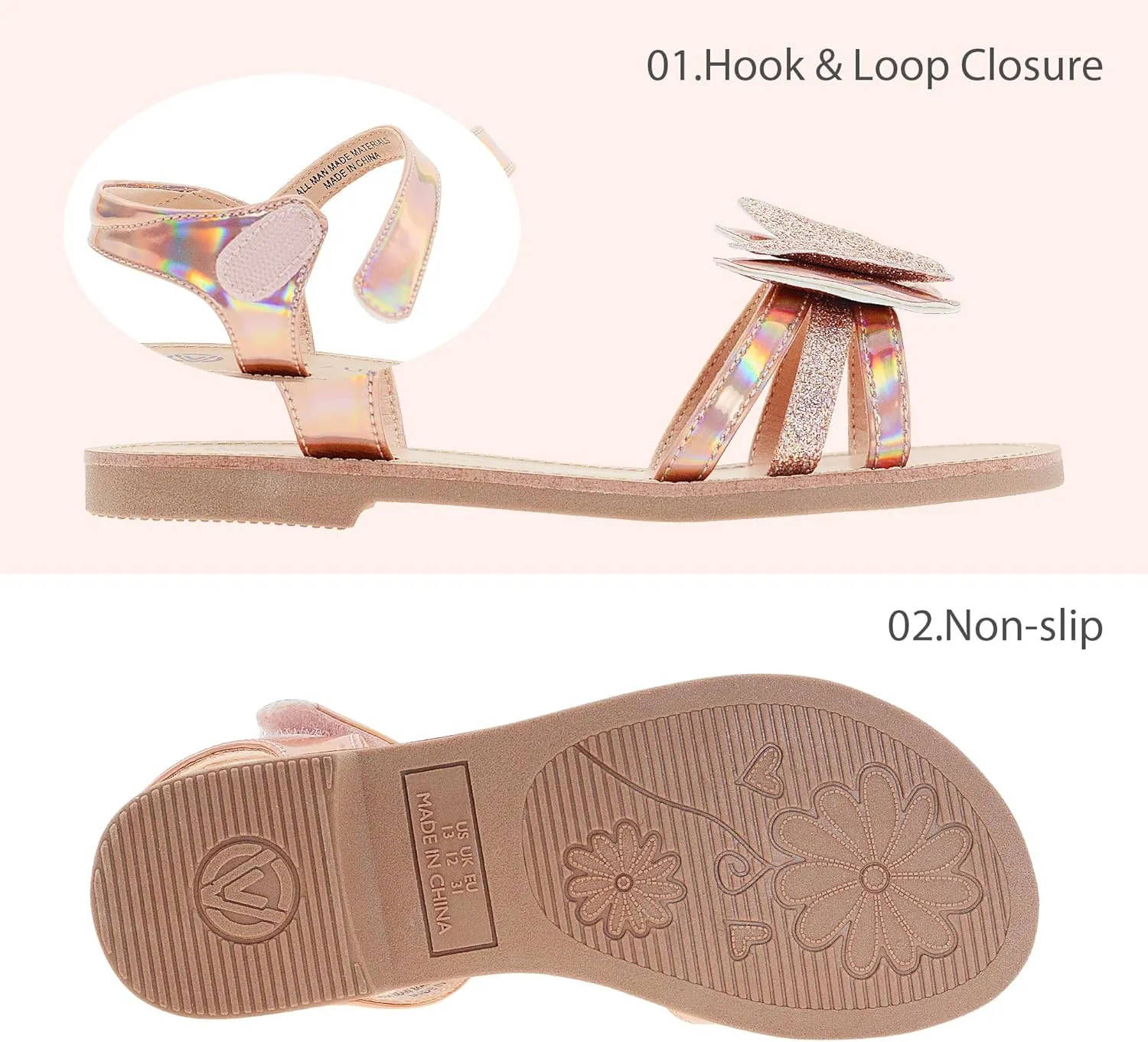 Girls Sandals Open Toe Flat Sandals for Girls Shiny Princess Sandals Wedding Party Shoes