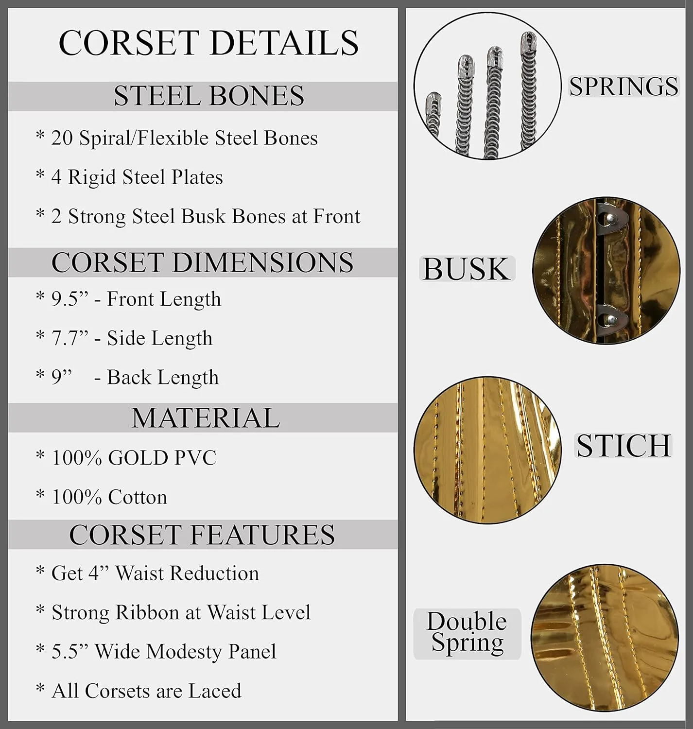 Gold PVC Double Steel Boned Waist Trainer Underbust Corset for Women