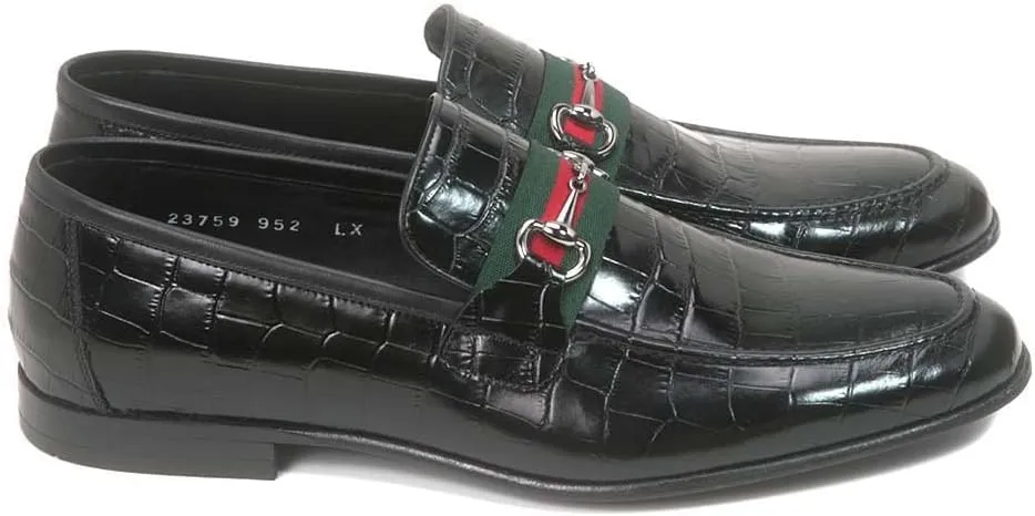 Golden Pass Men's Black Crocodile Print Calfskin Leather Loafer