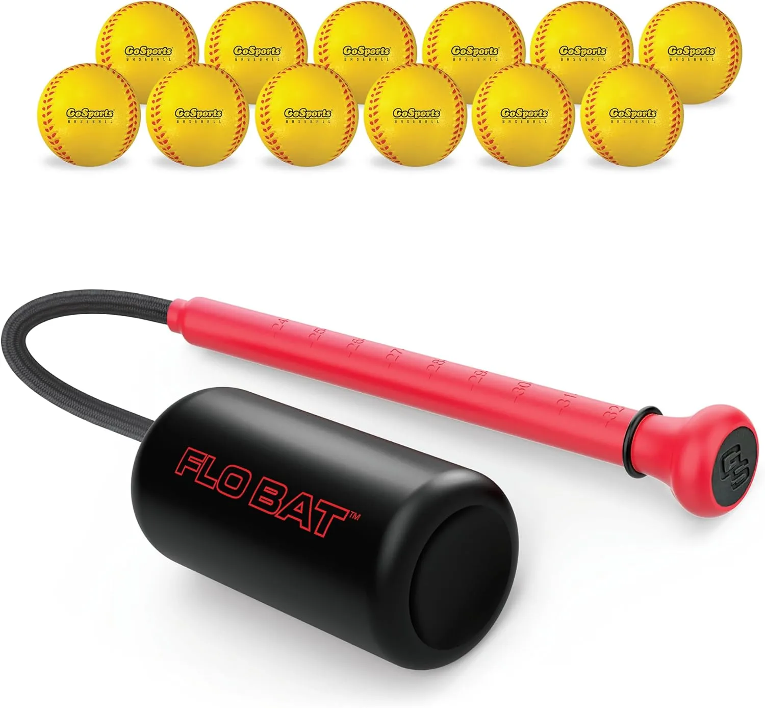 GoSports Baseball & Softball Rope Swing Trainer - Batting Practice Equipment - Includes FLO BAT with 12 Foam Baseballs & Tote Bag