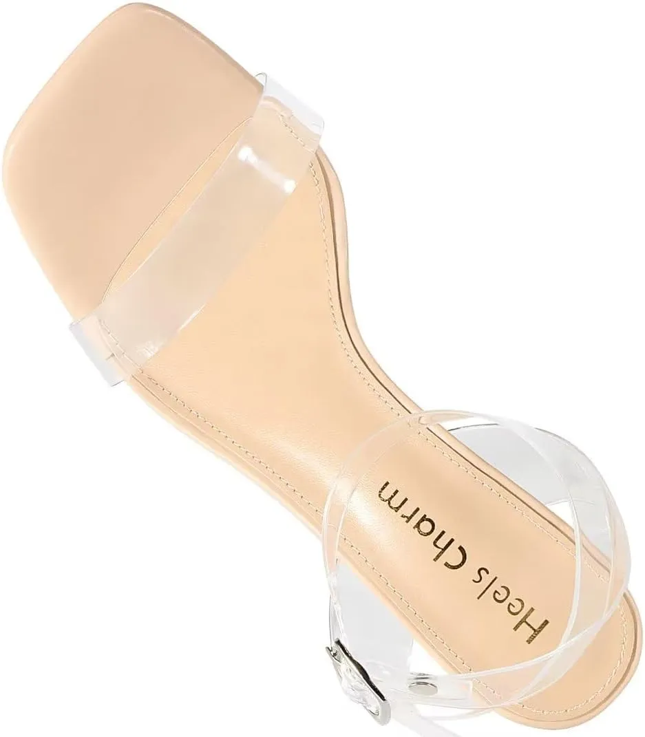 Heels Charm Women's Clear Chunky Block Heeled Sandals 3.74 Inches Open Toe Ankle Strap Block High Heel Sandal Dress Dancing Sandals Daily Work Party Shoes