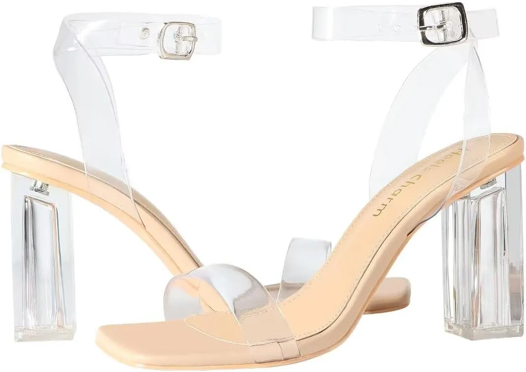 Heels Charm Women's Clear Chunky Block Heeled Sandals 3.74 Inches Open Toe Ankle Strap Block High Heel Sandal Dress Dancing Sandals Daily Work Party Shoes
