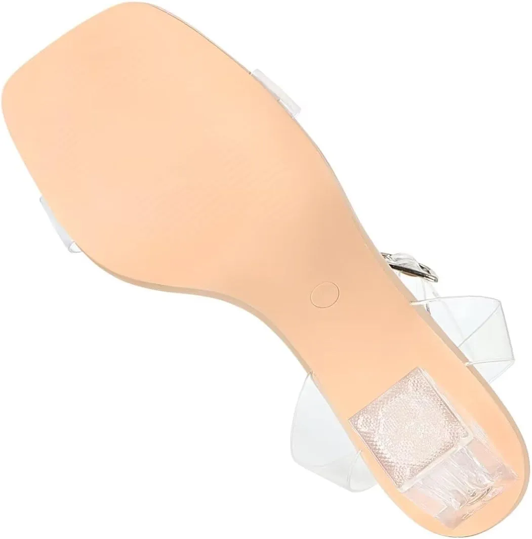 Heels Charm Women's Clear Chunky Block Heeled Sandals 3.74 Inches Open Toe Ankle Strap Block High Heel Sandal Dress Dancing Sandals Daily Work Party Shoes
