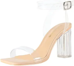 Heels Charm Women's Clear Chunky Block Heeled Sandals 3.74 Inches Open Toe Ankle Strap Block High Heel Sandal Dress Dancing Sandals Daily Work Party Shoes
